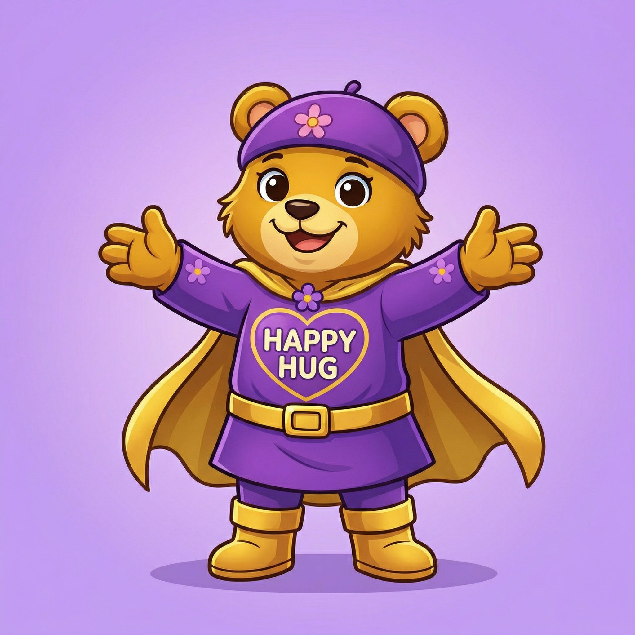 Happy Hug — a gentle brown bear in purple and gold outfit