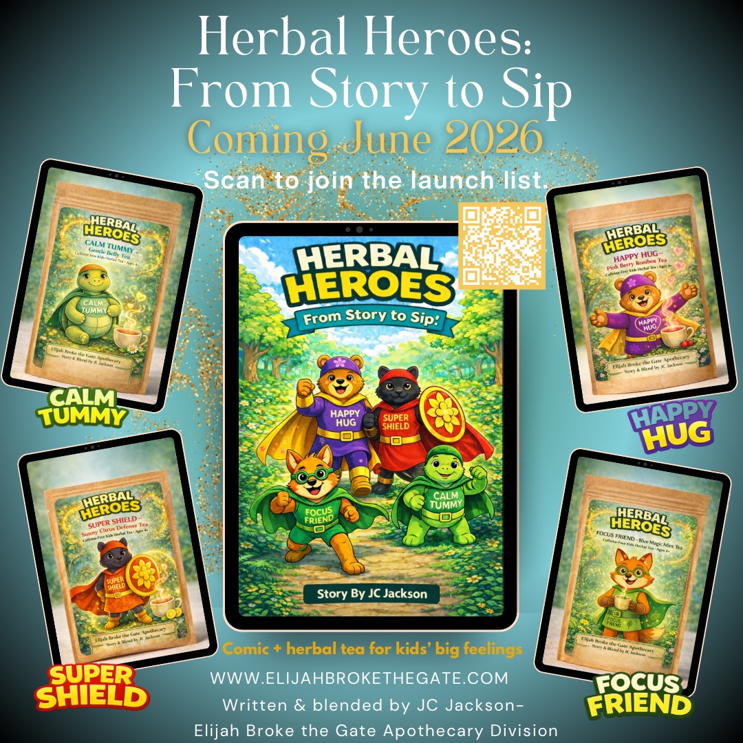 All four Herbal Hero Blends tea pouches with comic book cover