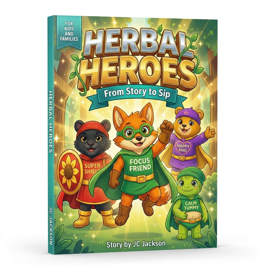 Herbal Heroes: From Story to Sip comic book cover featuring Super Shield, Focus Friend, Happy Hug, and Calm Tummy. Story by JC Jackson.